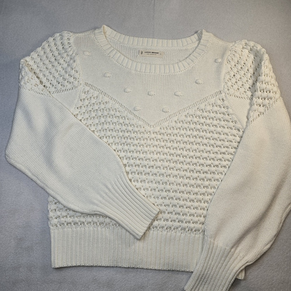 Lucky Brand Sweater Womens Large L Textured Dot Crochet Knit Boho Cottagecore...